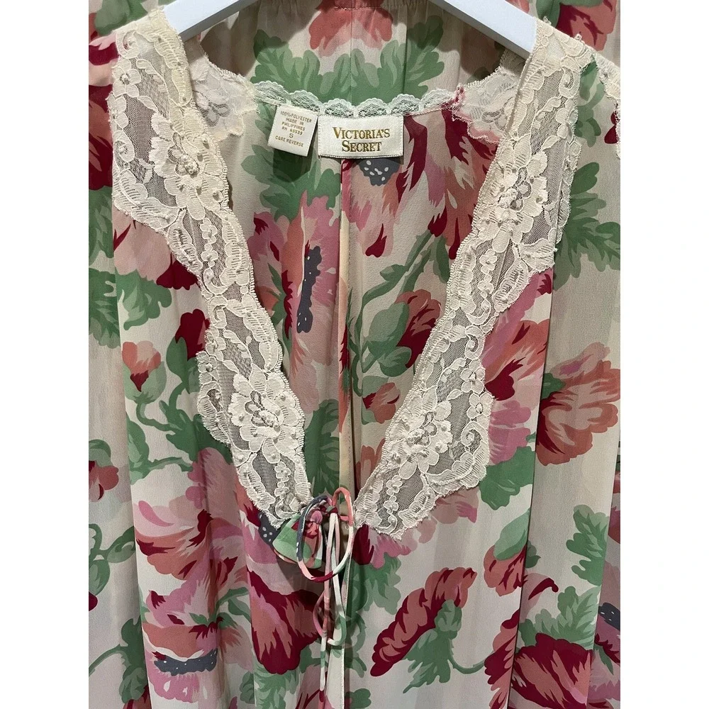 Vtg Victoria's Secret Kimono Pant Set Sz S Oversized‎ Gold Label Floral Sheer